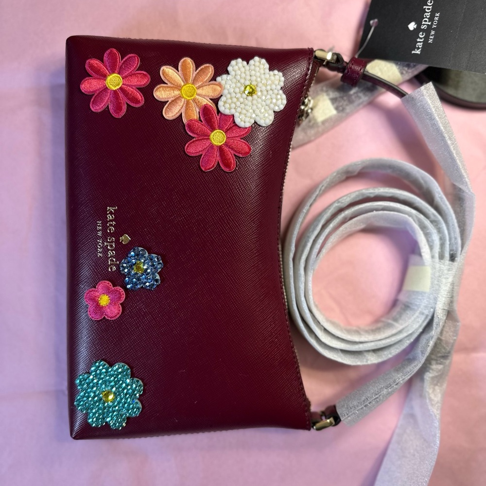 Kate Spade Maroon Crossbody Bag with Floral Embellishments
